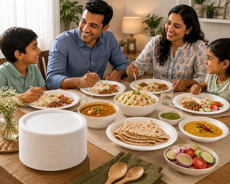 A family sharing a meal served on bagasse tableware